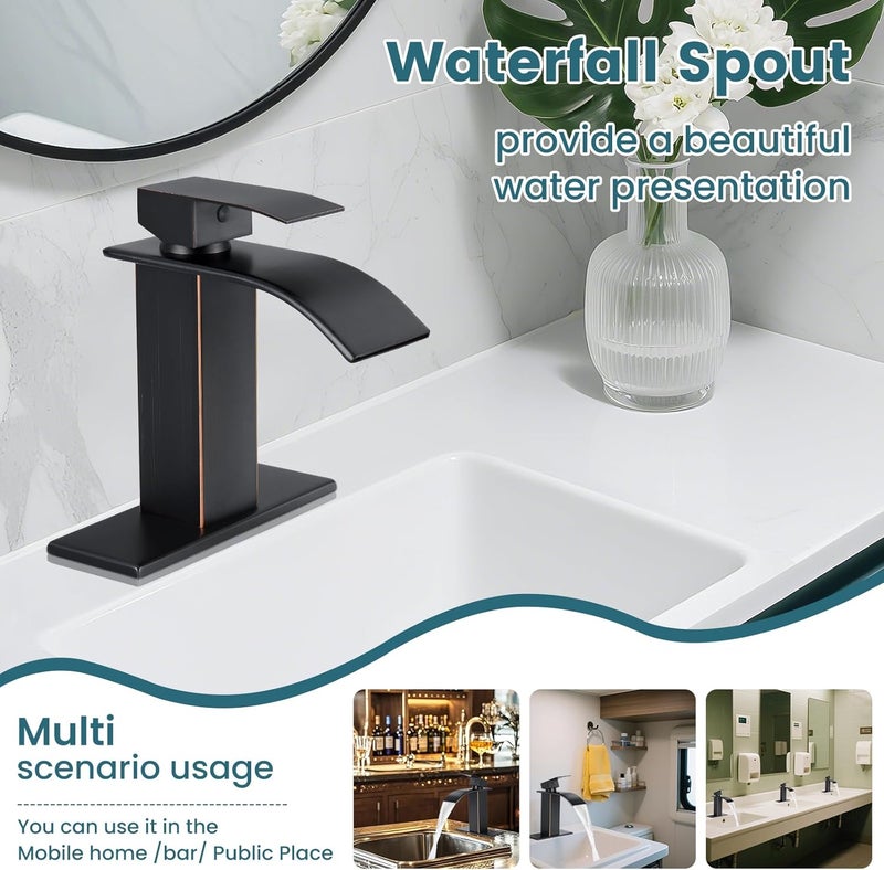 LUFG Bathroom Faucets Oil Rubbed Bronze Waterfall Bathroom Sink Faucet Modern Single Handle Bathroom Faucet for 1 or 3 Hole Mxier Tap Washbasin Faucet with Deck, Pop-up Drain and Supply Hoses - Image 3